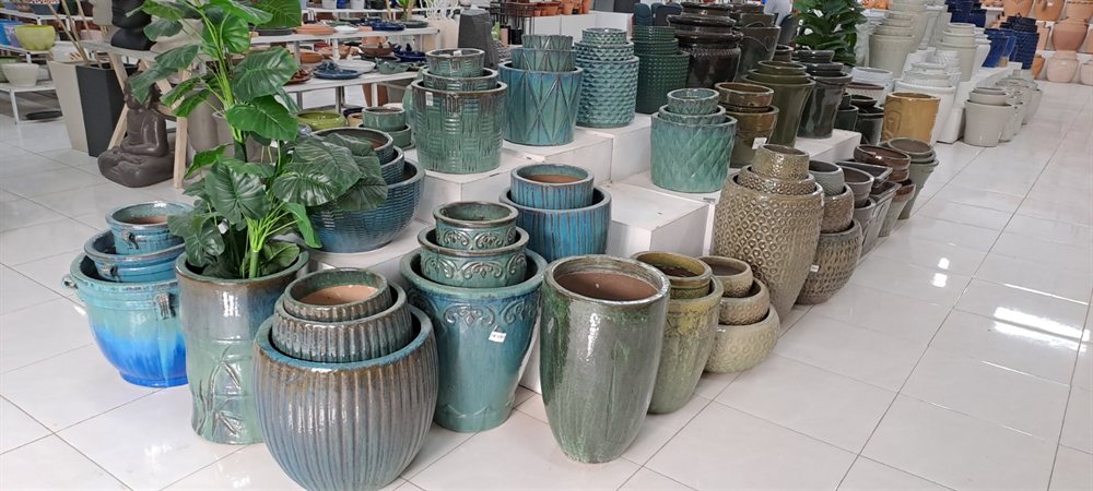 Glazed pots in the showroom